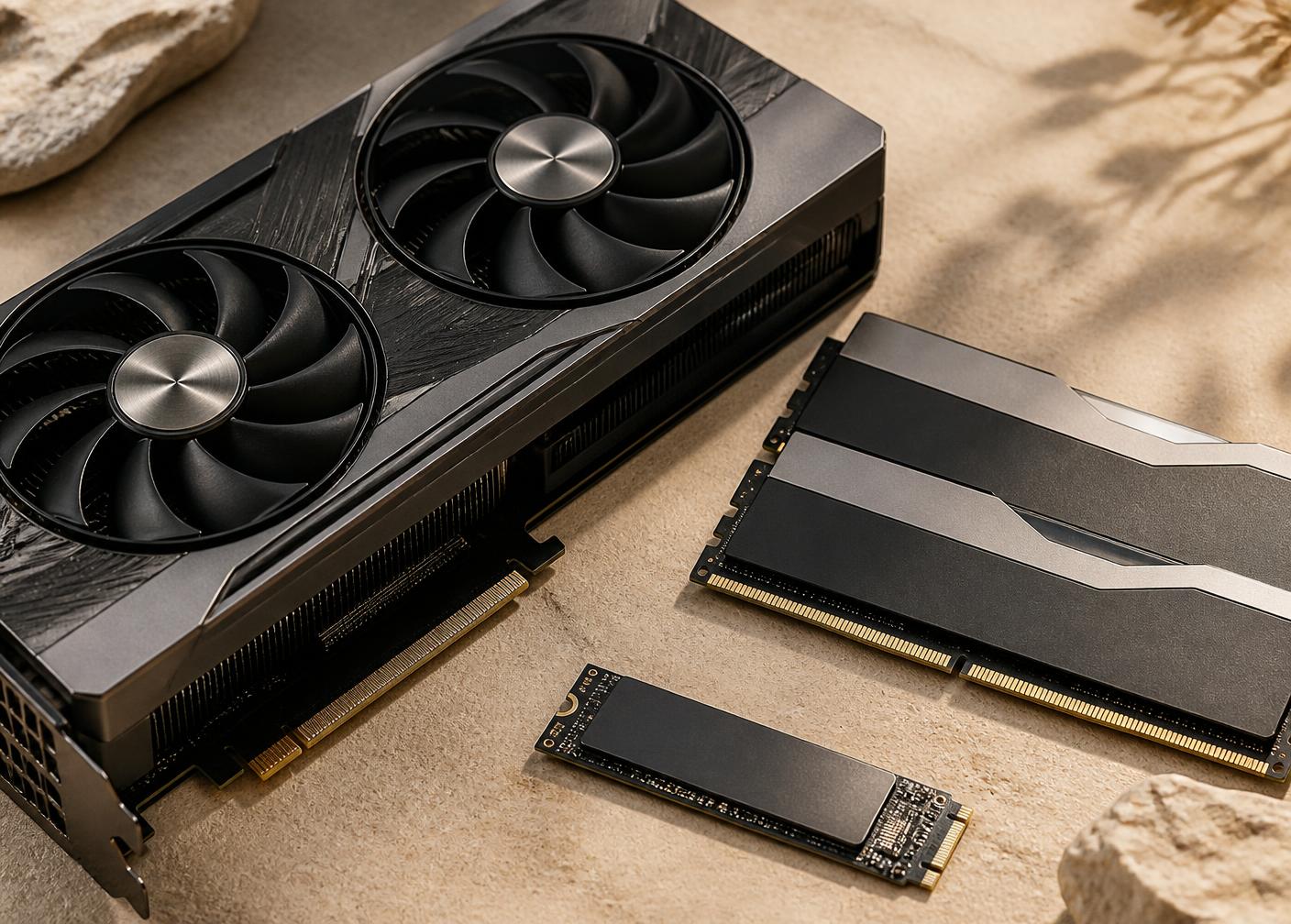 Graphics card, RAM modules and an NVMe SSD