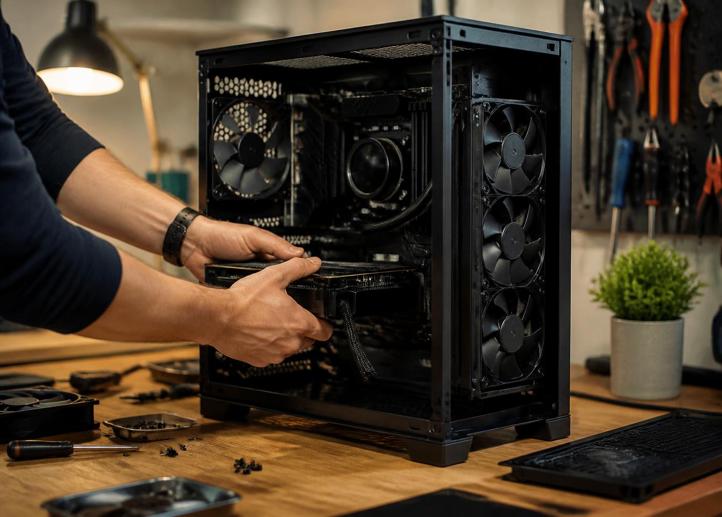 Technician installing a component into a custom PC build on a workbench