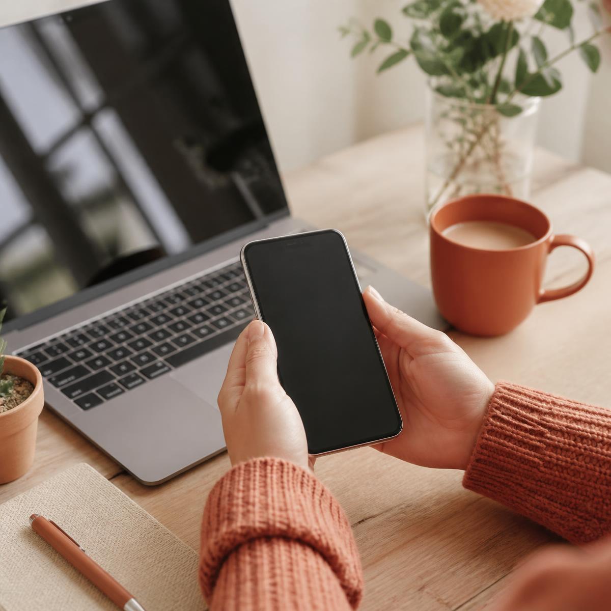 Hands holding a smartphone beside a laptop on a desk