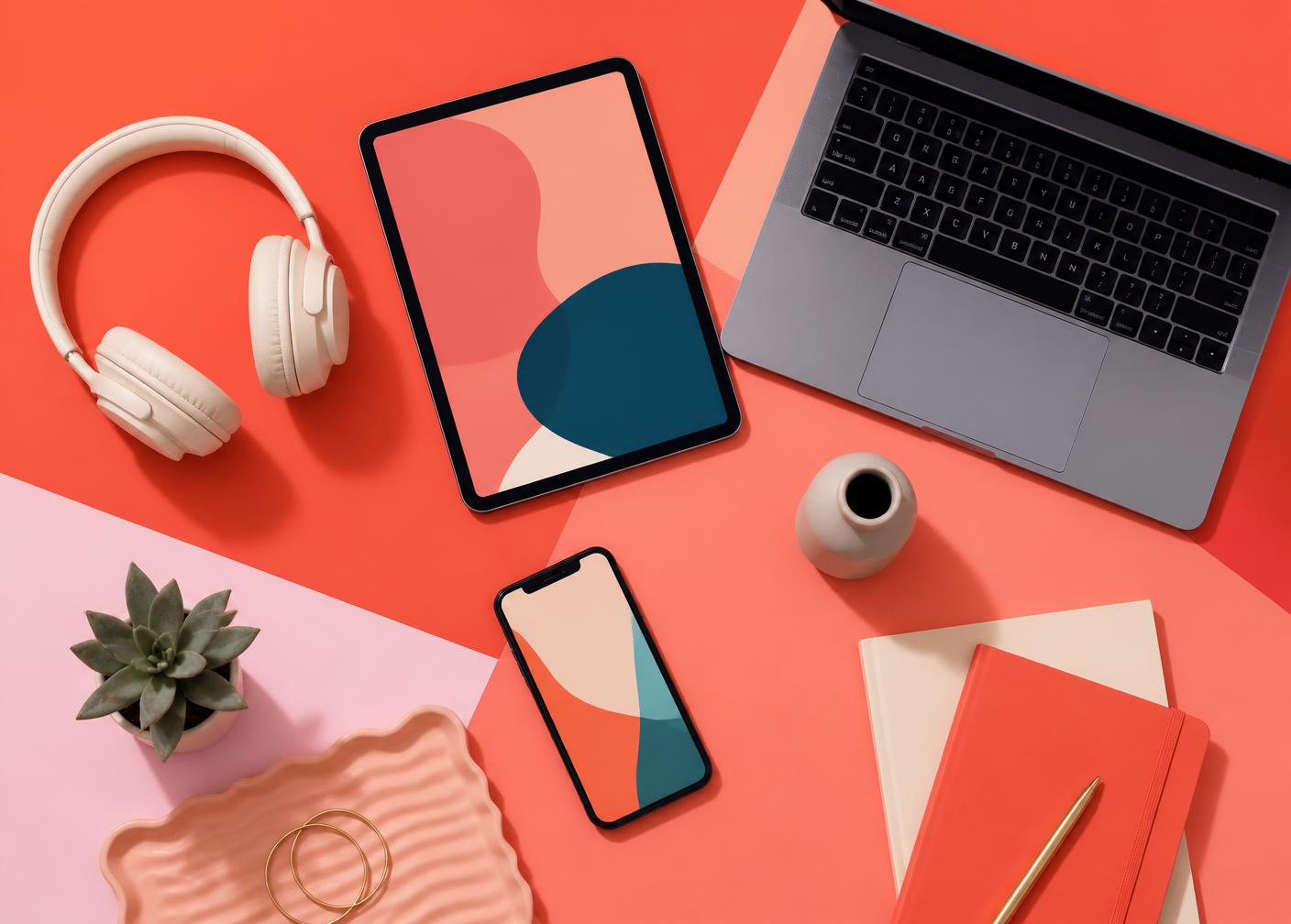 Tablet, headphones, smartphone and laptop arranged on bold coral colour blocks